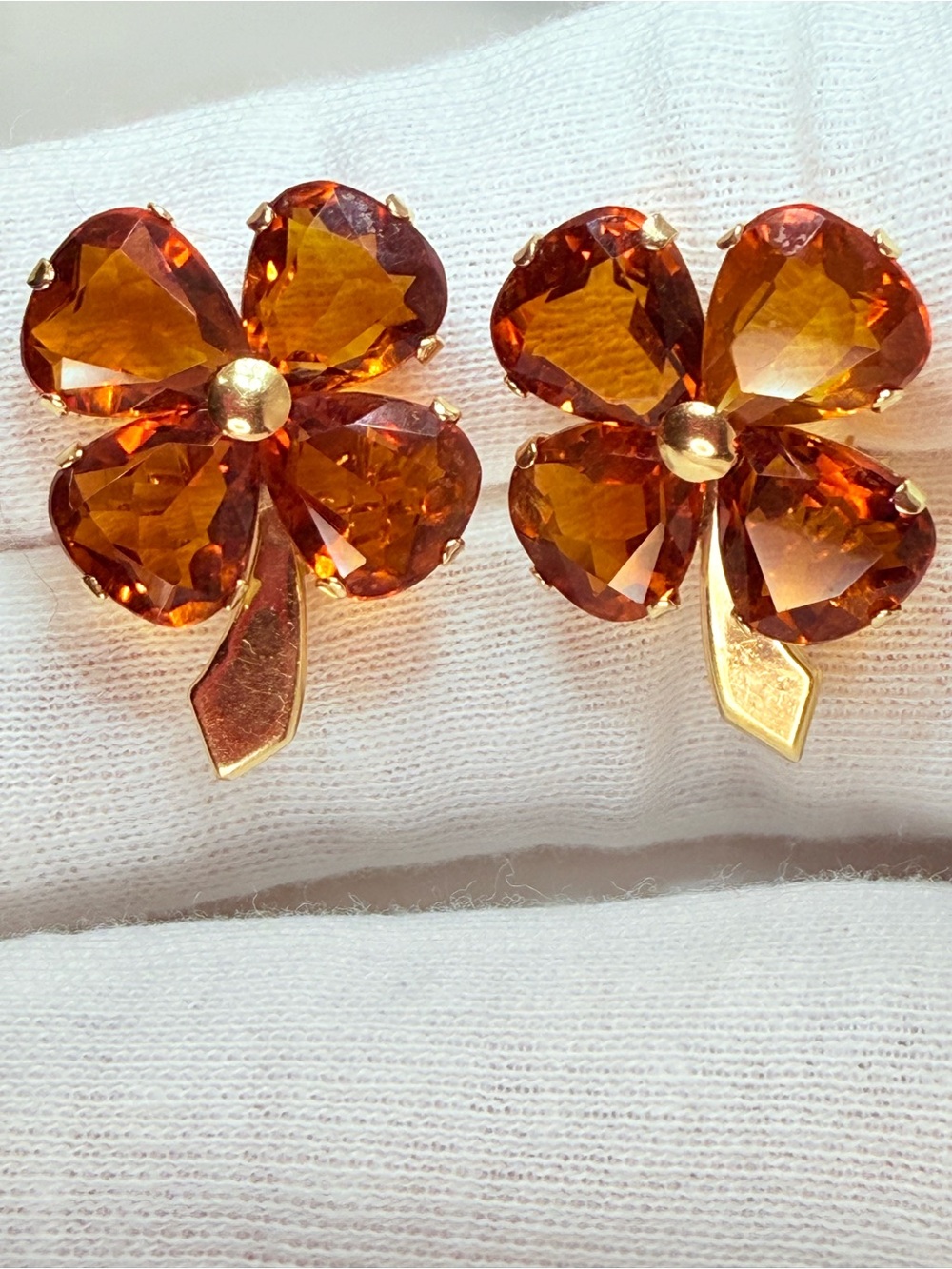 ✨ RARE Vintage 18K Solid Yellow Gold Madeira Citrine Four-Leaf Clover Earrings ✨